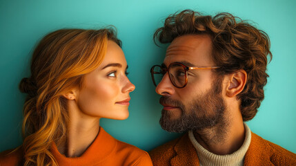 Young couple enjoying each other's company against a vibrant orange and blue backdrop in a playful and relaxed atmosphere