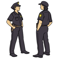 Two police officers in uniform standing and talking