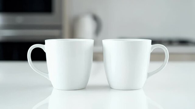 Elegant pair of white ceramic mugs on a clean kitchen countertop, perfect for coffee or tea in a bright, contemporary home setting.