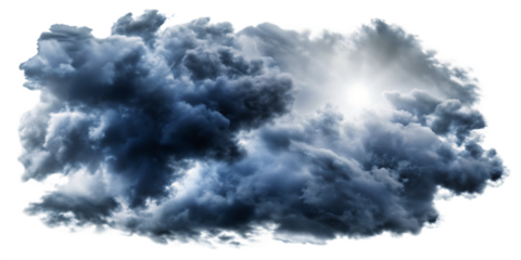 Dramatic dark cumulonimbus storm clouds with bright sun isolated on a transparent background