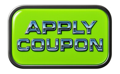 Glossy green tag sticker with APPLY COUPON text in bold metallic style, appealing retail discount promo on transparent background.