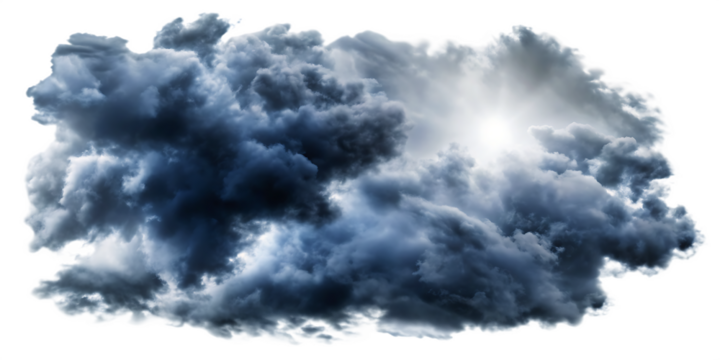 Dramatic dark cumulonimbus storm clouds with bright sun isolated on a transparent background