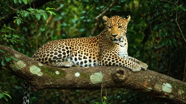 A leopard rests on a tree branch gazing forward with a watchful expression