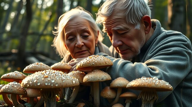 Elderly couple examining mushrooms in forest during autumn   - Powered by Adobe