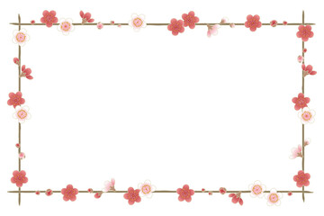 Japanese plum blossom floral frame with red and white flowers on transparent background, decorative border for New Year and spring