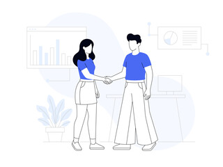 Modern flat vector illustration of a young woman and man shaking hands in a corporate office, symbolizing business partnership and professional teamwork.