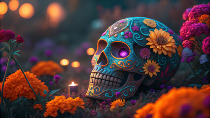 Intricately decorated sugar skull surrounded by vibrant flowers and soft bokeh lights