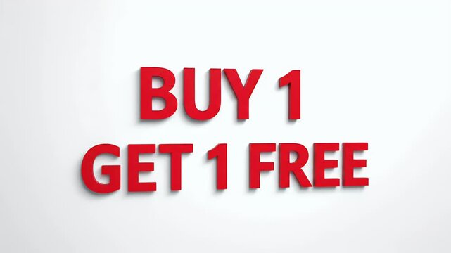 Vibrant Red 3D 'BUY 1 GET 1 FREE' Text with Shadow on White Background for Retail Marketing and Special Offers