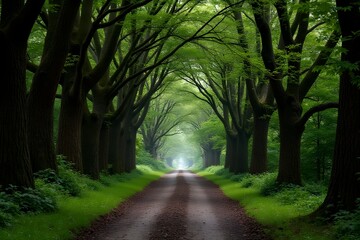 Fototapeta premium A forest trail road with overgrown branches forming a natural tunnel. 