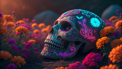 Ornate sugar skull adorned with neon lights amidst vibrant marigolds