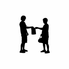 Silhouette of volunteers distributing free school supplies isolated on white background