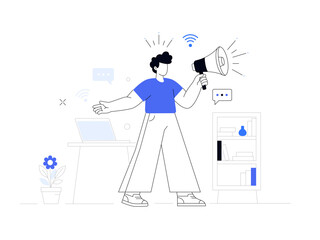 Minimalist vector illustration depicting a man speaking out an announcement with confidence