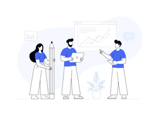 Flat modern vector illustration of three people working together — a male presenter, a man with a tablet, and a woman with a large pencil — representing business strategy, creativity, and teamwork