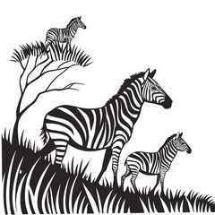 Fototapeta premium Zebras on Grassy Hillside with Tree Silhouette animal