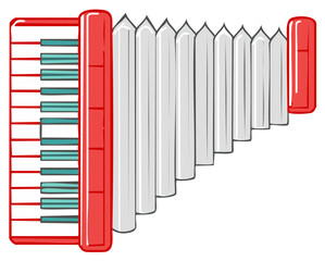 Fototapeta premium Vibrant red and white cartoon accordion musical instrument vector illustration with keyboard and bellows