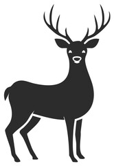 Stylized dark grey deer silhouette with antlers and a smiling face on a white background