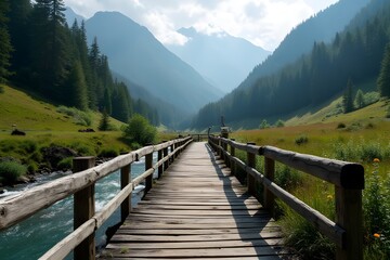A rustic wooden bridge road leading across a mountain stream.
