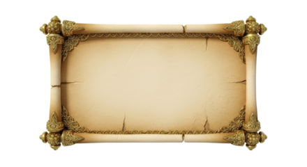 Old parchment scroll with ornate gilded decoration on white background