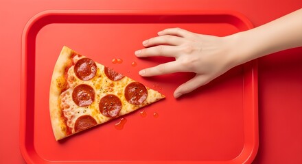 A hand reaching for a slice of pepperoni pizza presented on a red tray.