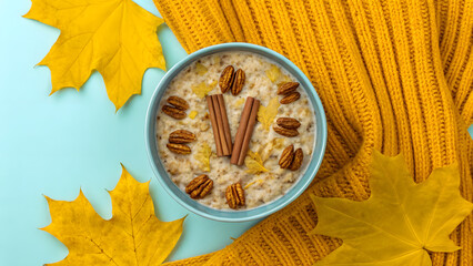Concept of food diet, longevity, and fiber maxxing. cozy autumn themed overnight oats with pumpkin