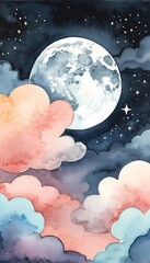 Enchanting moonlit night sky filled with watercolor clouds and shimmering stars Generative AI