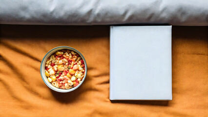 Concept of food diet, longevity, and fiber maxxing. cozy yet nutritious breakfast setup with overnight oats.