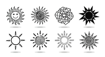 Collection of Artistic Sun Illustrations Hand-Drawn, Geometric, and Spiraled
