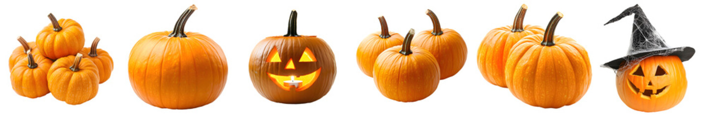 Obraz premium A set of beautiful Halloween pumpkins isolated on a transparent background PNG