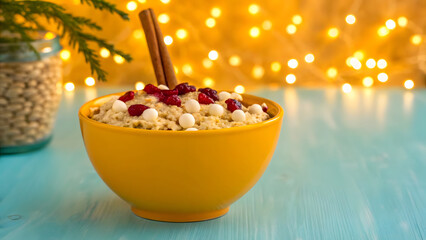 Concept of food diet, longevity, and fiber maxxing. festive christmas themed overnight oats with cranberries