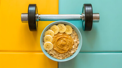 Concept of food diet, longevity, and fiber maxxing. fitness themed overnight oats with protein powder