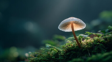 Single mushroom emerging on mossy forest floor symbolizing growth resilience mystery and the quiet beauty of nature in a serene woodland atmosphere.