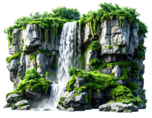 A cascading waterfall flows down a rocky cliff face covered in lush green vegetation