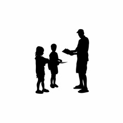 Silhouette of volunteers distributing storybooks to children isolated on white background