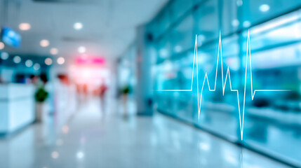 A heartbeat line appears against the blurred backdrop of a modern hospital corridor. Medical theme, background for advertising healthcare, cardiology, emergency care, insurance, or a clinic