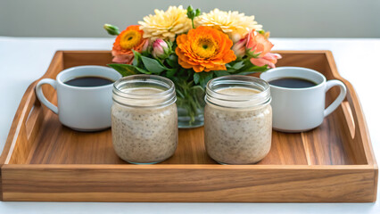 Concept of food diet, longevity, and fiber maxxing. romantic breakfast setting with two jars of overnight oats.
