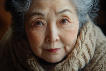 Close-up portrait of an elegant elderly Asian woman with grey hair, wearing a cozy knitted scarf. Her serene expression conveys wisdom.