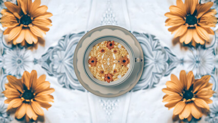 Concept of food diet, longevity, and fiber maxxing. whimsical fairytale style presentation of overnight oats.