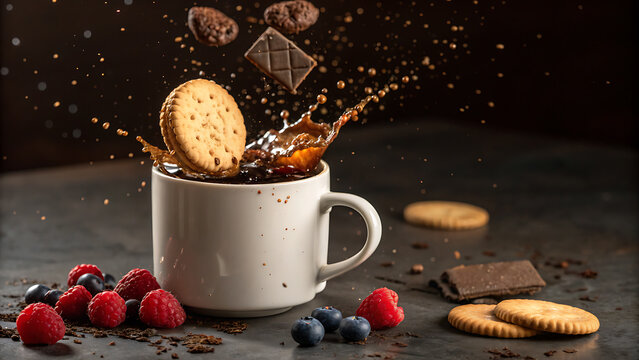Dynamic coffee splash with biscuits and berries in a textured mug - Powered by Adobe