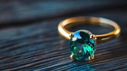 Jewelry still life of teal emerald ring resting on dark wood with soft natural lighting