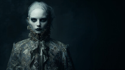 左寄せのゴーストシルエットで右側に大胆な余白を取り多言語コピーや日付情報を配置しやすい実務志向の背景デザイン.生成AI