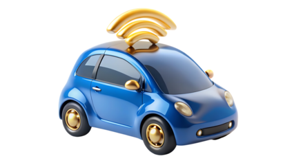 A blue cartoon car with a golden wifi symbol on top isolated on transparent background, representing connected vehicle technology