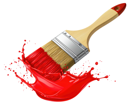 Paintbrush with red bristles creating a splash of red paint on black background