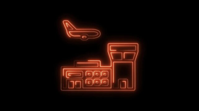 Futuristic airport terminal with plane icon neon glow outline on black background