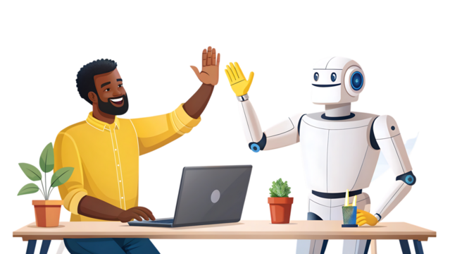 A man and a robot highfiving at a desk isolated on transparent background, symbolizing collaboration between humans and robots
