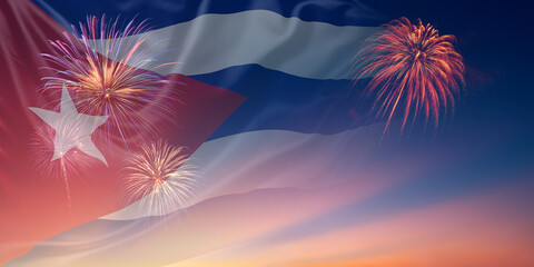 Waving National flags of Cuba In sky with fireworks and text