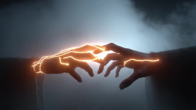 A breathtaking scene showcasing two hands reaching towards each other, illuminated by vibrant arcs of electricity, symbolizing the connection between forces of creation and the boundaries of reality