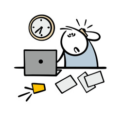 Cartoon stickman sits at a desk in the office. he talks on the phone and works on the computer. Vector illustration, clock on the wall, deadline and scattered sheets of paper. 