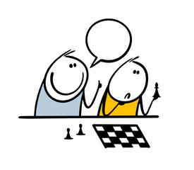 Child  sitting at  table holding  chess piece and thinking about the strategy in game. Vector illustration of a teacher giving advice. Cartoon player has lost the game, the chessboard.