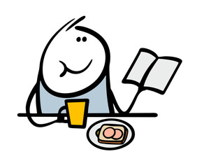 Cartoon man is sitting at a table and reading a book. Vector illustration of a stickman having lunch, drinking coffee or tea, holding a newspaper, learning the news.