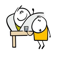 Doodle father is sick, lying in bed. Vector illustration of  son taking care of  man, giving medicine and   glass of water. Cartoon cute baby and parents are in the hospital.